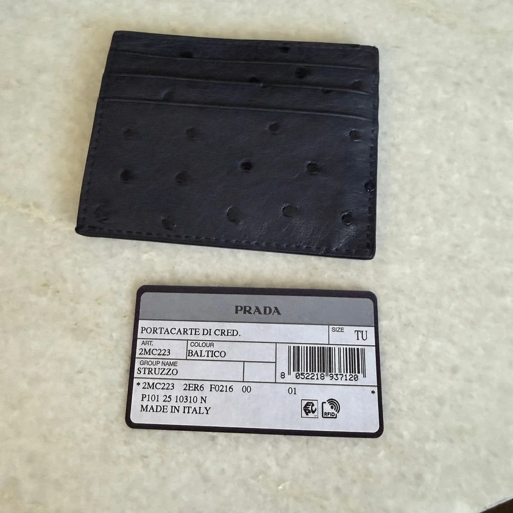 Prada Baltico Ostrich Leather Card Holder Wallet 2MC223 Struzzo Navy Blue Italy